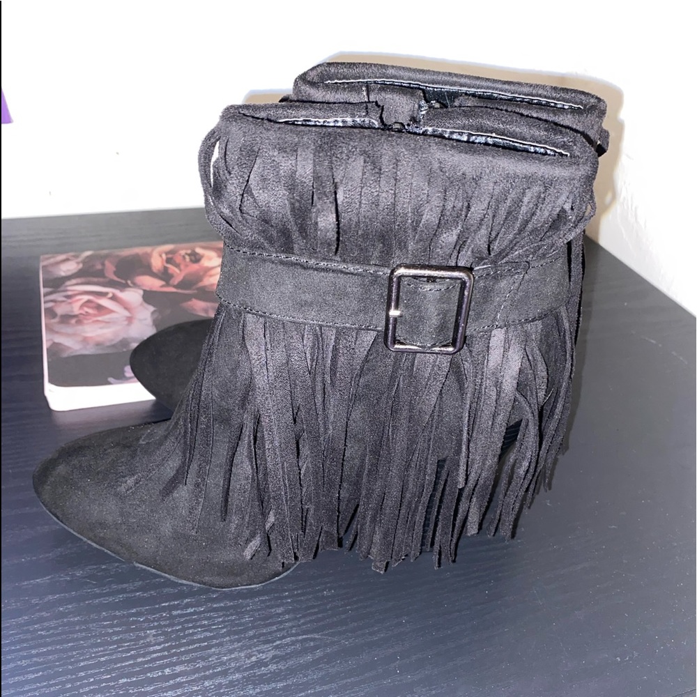 Strapped Suede Fringe Booties